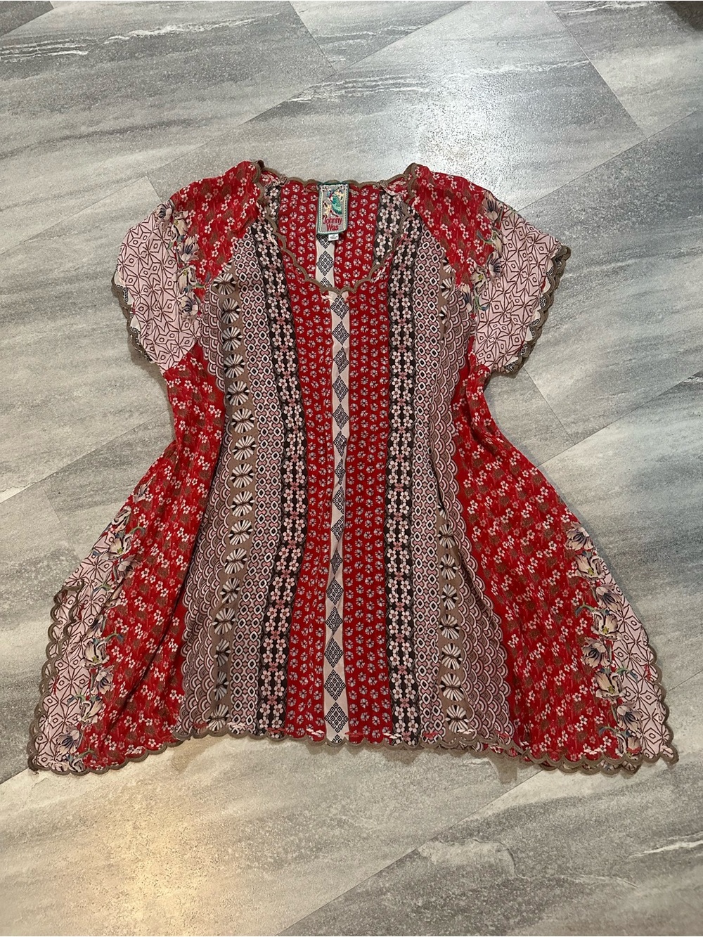 Johnny Was Red Patchwork Floral Cupra Rayon Scalloped V-Neck Top C17419B-2 M